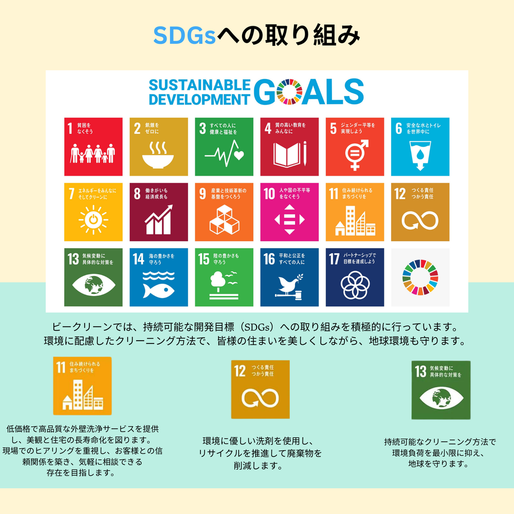 ビークリーンでは、持続可能な開発目標（SDGs）への取り組みを積極的に行っています。
環境に配慮したクリーニング方法で、皆様の住まいを美しくしながら、地球環境も守ります。

低価格で高品質な外壁洗浄サービスを提供し、美観と住宅の長寿命化を図ります。
現場でのヒアリングを重視し、お客様との信頼関係を築き、気軽に相談できる
存在を目指します。
環境に優しい洗剤を使用し、
リサイクルを推進して廃棄物を
削減します。
持続可能なクリーニング方法で
環境負荷を最小限に抑え、
地球を守ります。

低価格で高品質な外壁洗浄サービスを提供し、美観と住宅の長寿命化を図ります。
現場でのヒアリングを重視し、お客様との信頼関係を築き、気軽に相談できる
存在を目指します。
環境に優しい洗剤を使用し、
リサイクルを推進して廃棄物を
削減します。
持続可能なクリーニング方法で
環境負荷を最小限に抑え、
地球を守ります。

低価格で高品質な外壁洗浄サービスを提供し、美観と住宅の長寿命化を図ります。
現場でのヒアリングを重視し、お客様との信頼関係を築き、気軽に相談できる
存在を目指します。
環境に優しい洗剤を使用し、
リサイクルを推進して廃