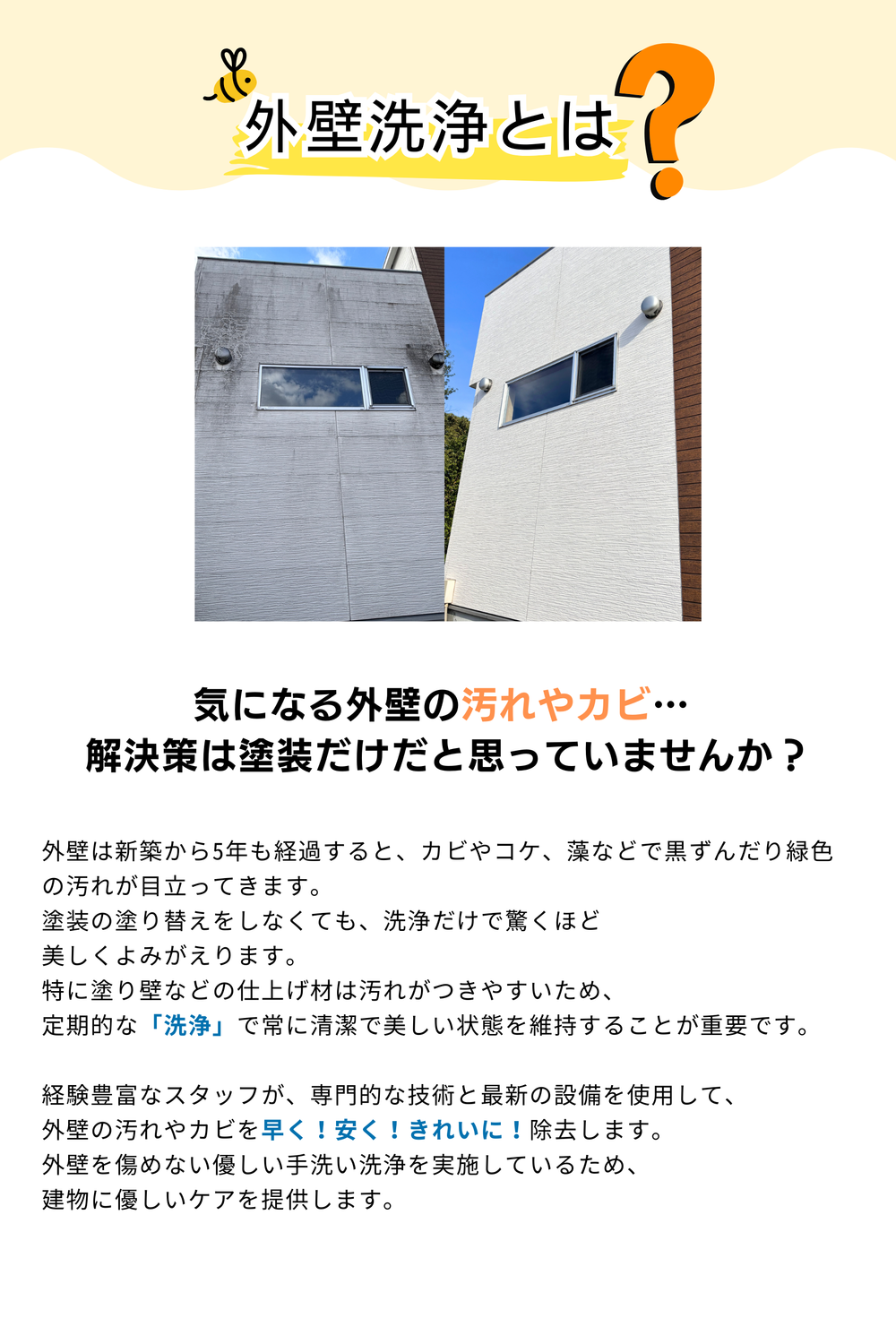 気になる外壁の汚れやカビ… 
解決策は塗装だけだと思っていませんか？
外壁は新築から5年も経過すると、カビやコケ、藻などで黒ずんだり緑色の
汚れが目立ってきます。
塗装の塗り替えをしなくても、洗浄だけで驚くほど美しくよみがえります。
特に塗り壁などの仕上げ材は汚れがつきやすいため、定期的な
「洗浄」で常に清潔で美しい状態を維持することが重要です。

経験豊富なスタッフが、専門的な技術と最新の設備を使用して、
外壁の汚れやカビを早く！安く！きれいに！除去します。
外壁を傷めない優しい手洗い洗浄を実施しているため、
建物に優しいケアを提供します。
